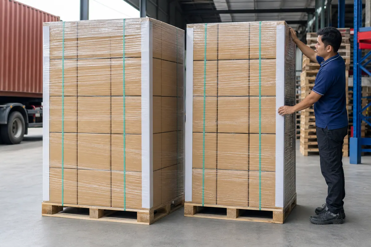 Kotak komersial dibalut dengan selamat di atas pallet
