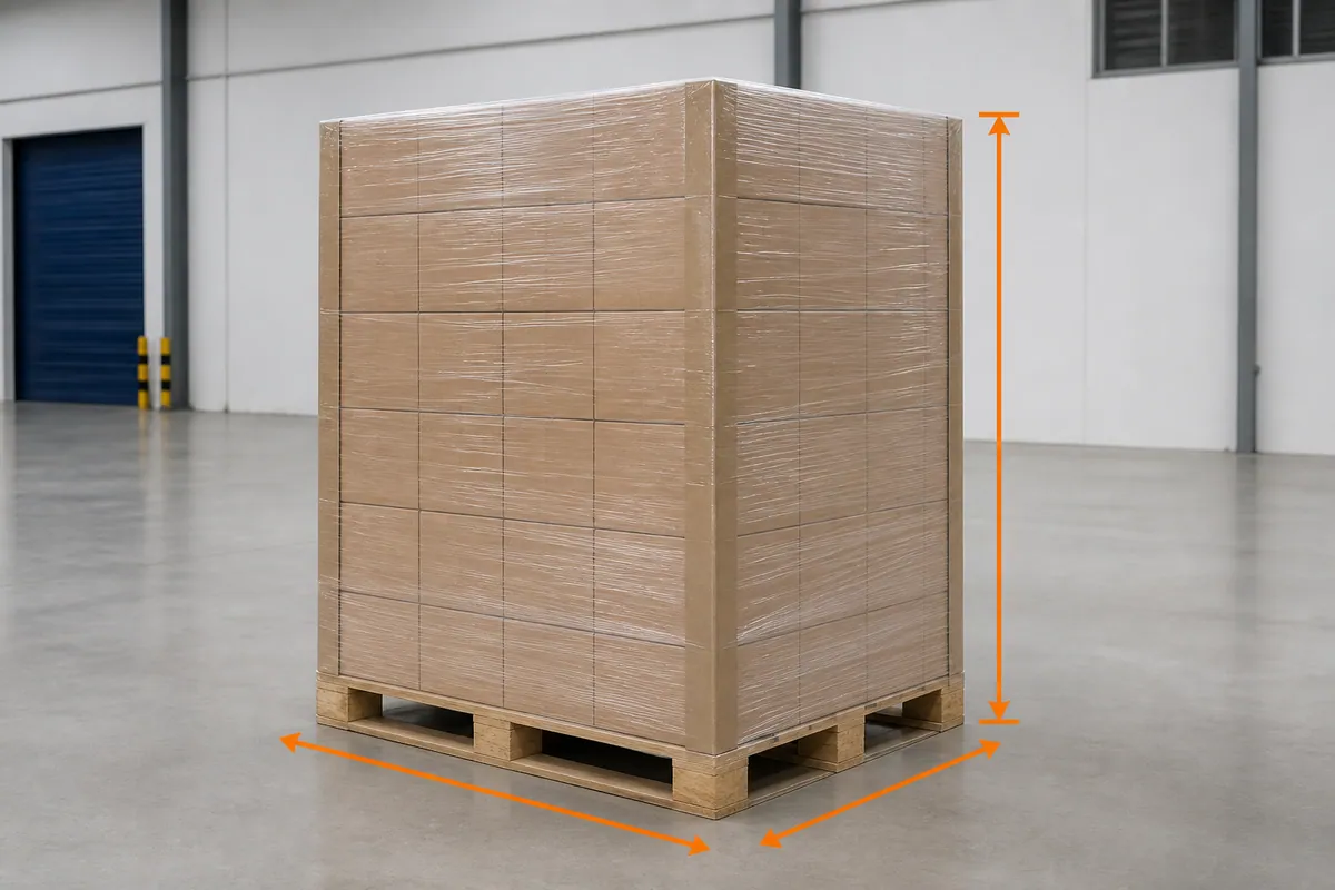 Pallet berbalut dengan panduan ukuran panjang, lebar dan tinggi