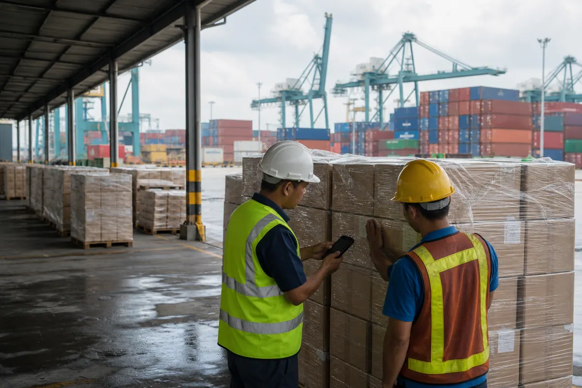 Kargo atas pallet menunggu di kawasan kontena Malaysia berhampiran Port Klang
