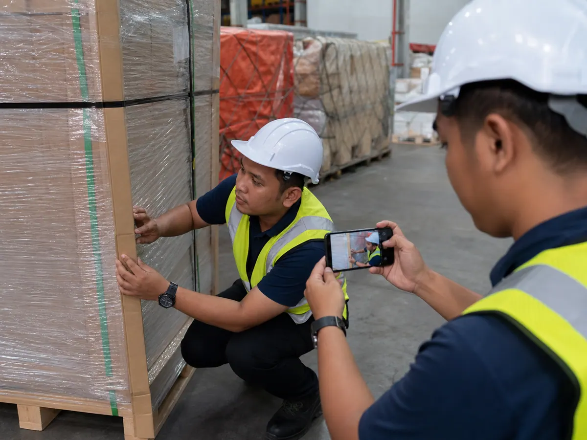 Balutan dan tali pallet diperiksa sebelum serahan