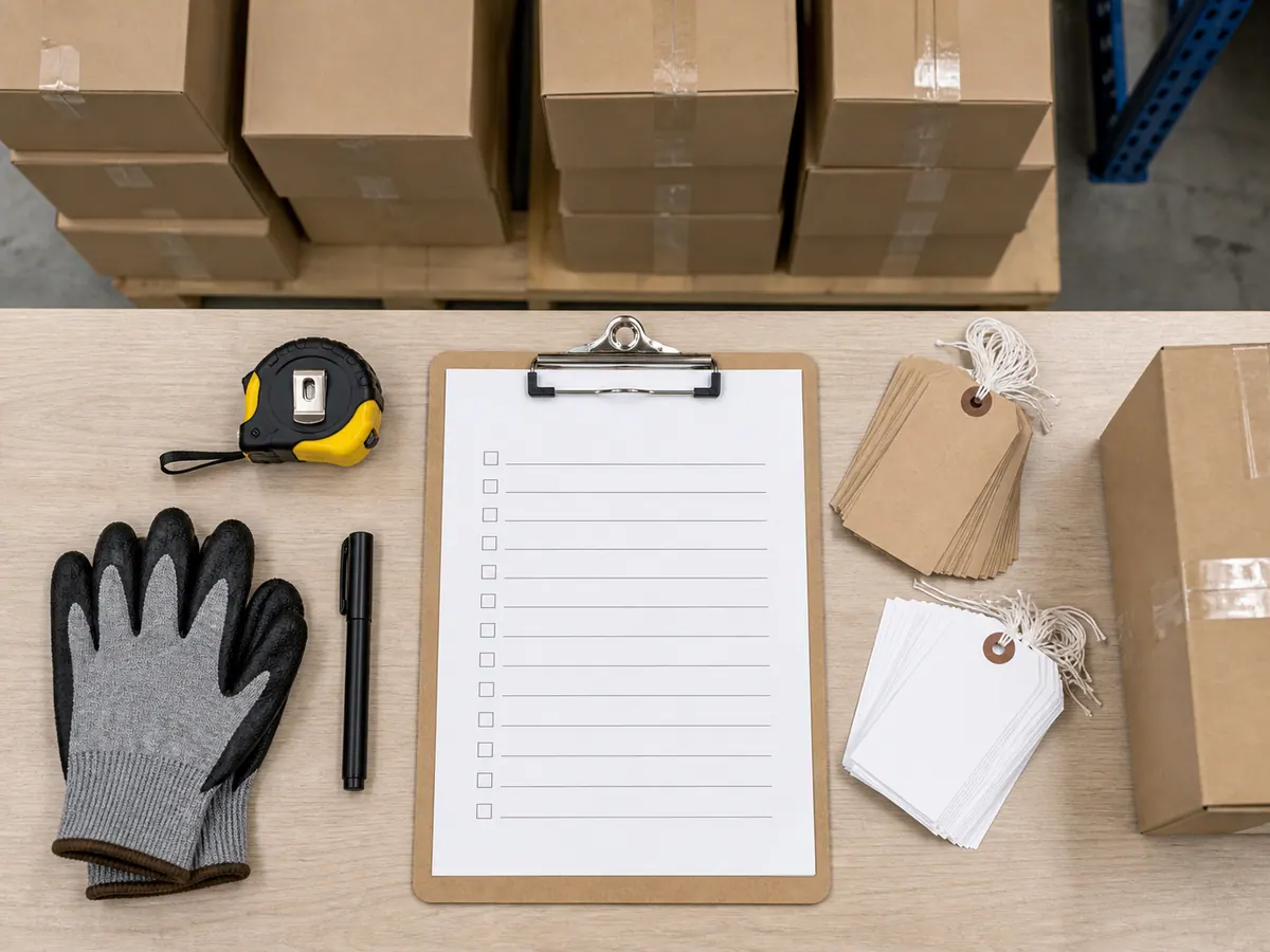 Checklist pembungkusan bersama alat mengukur kargo