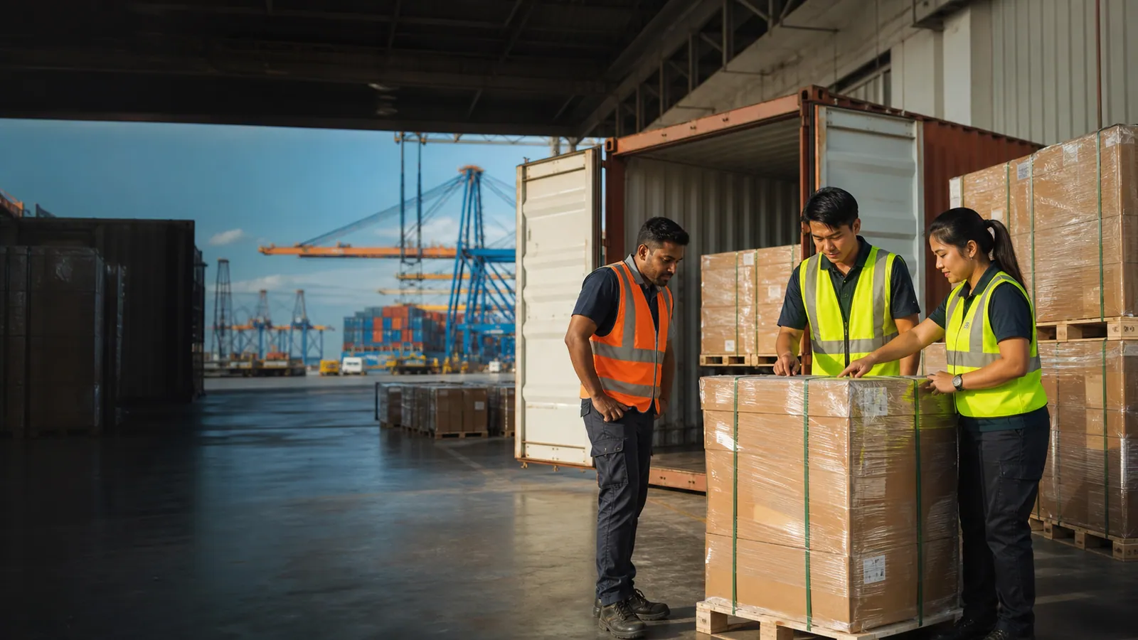 Kargo atas pallet diperiksa di sebelah kontena terbuka dalam pusat kargo Malaysia