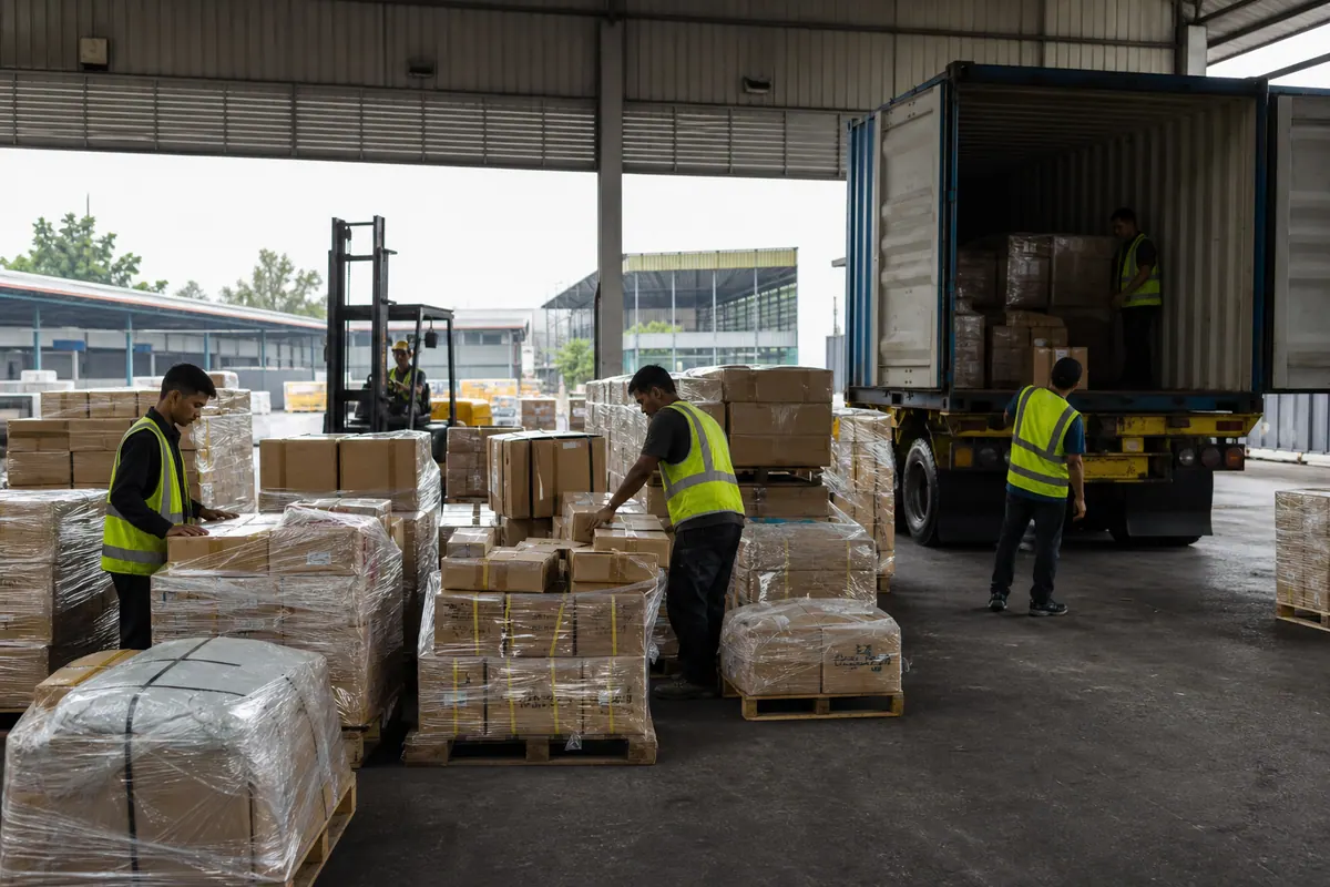 Konsainan LCL berbeza disusun dalam pusat kargo Malaysia
