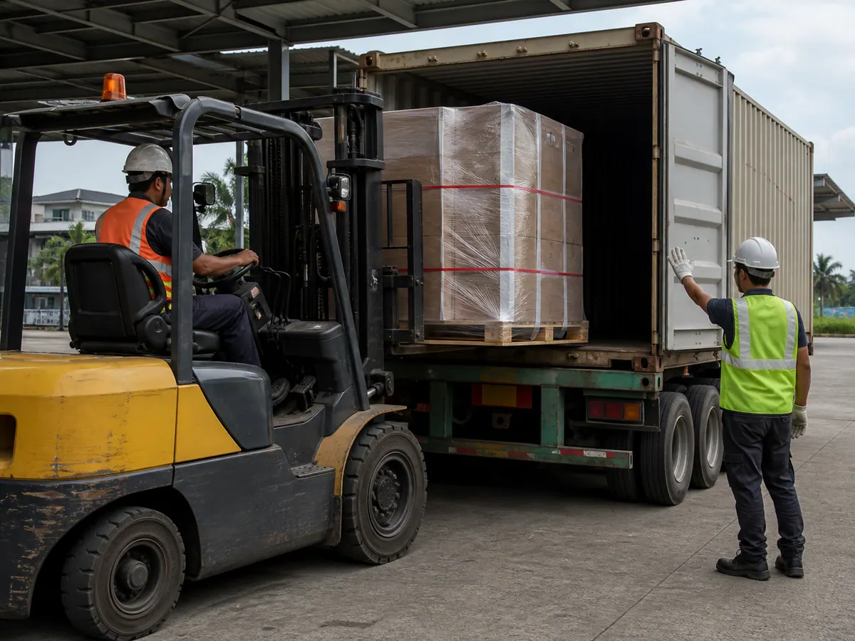 Forklift memuatkan pallet yang diamankan ke dalam kontena
