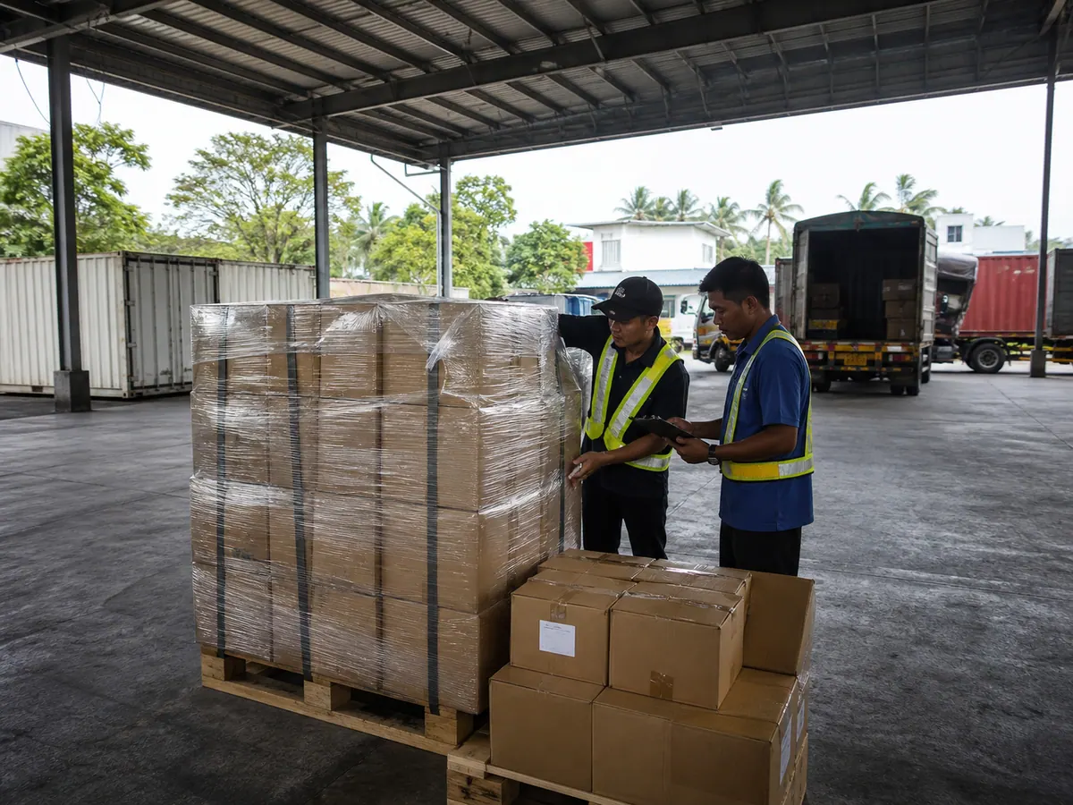 Bilangan kargo disemak di ruang pengambilan berbumbung