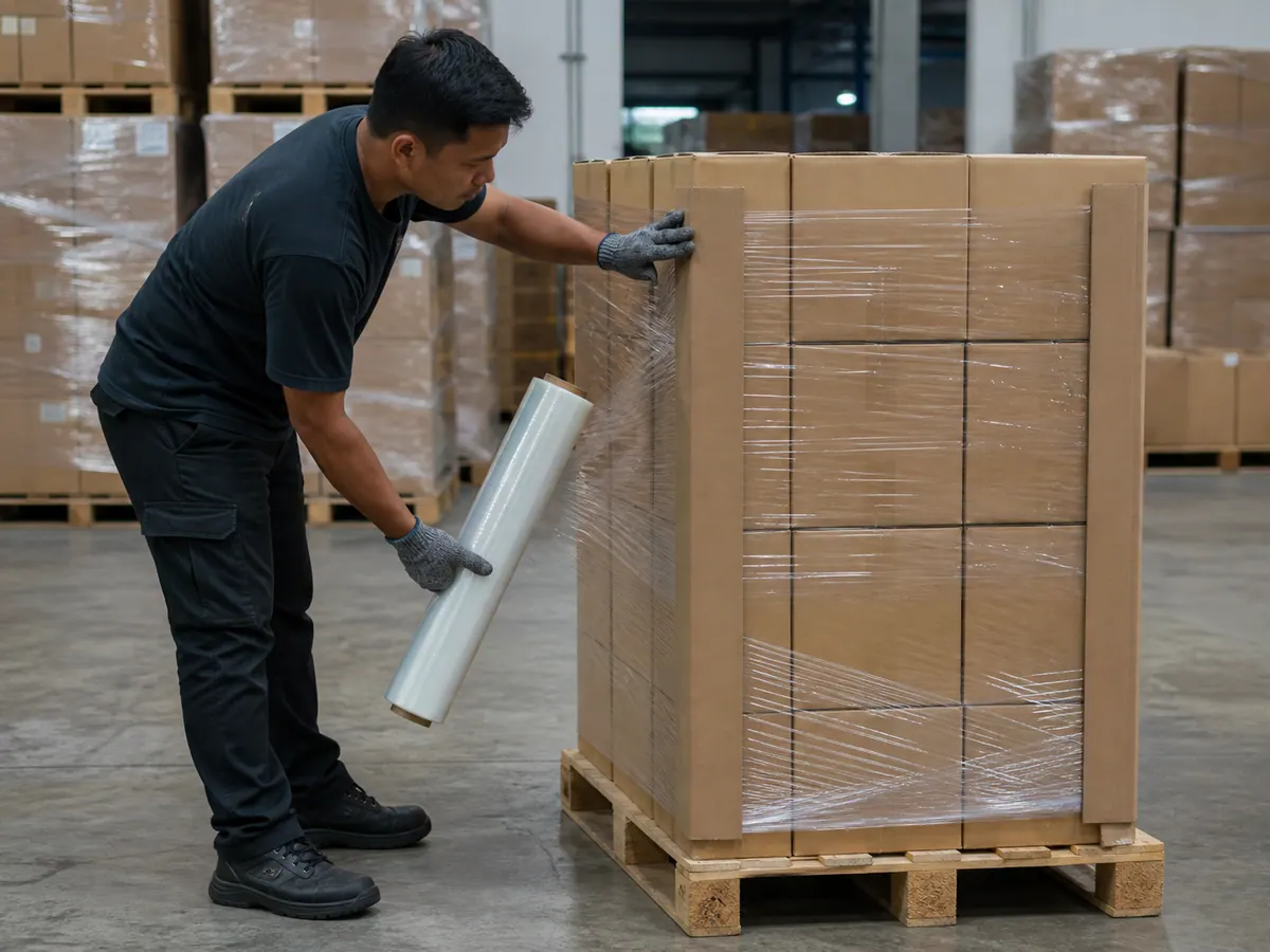 Pekerja memasang stretch wrap dan pelindung penjuru pada pallet