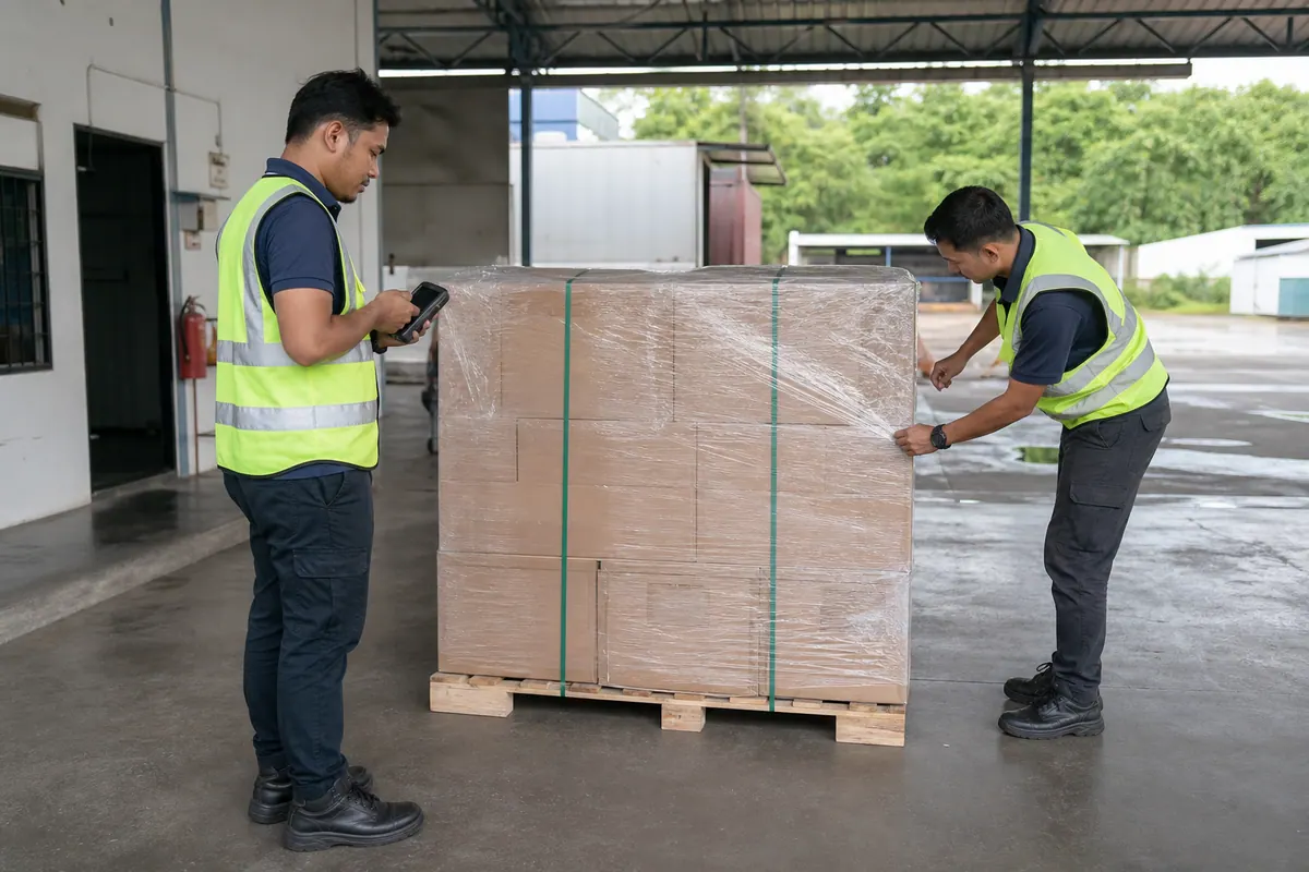 Pekerja gudang menyemak rujukan kargo tanpa jenama ketika serahan