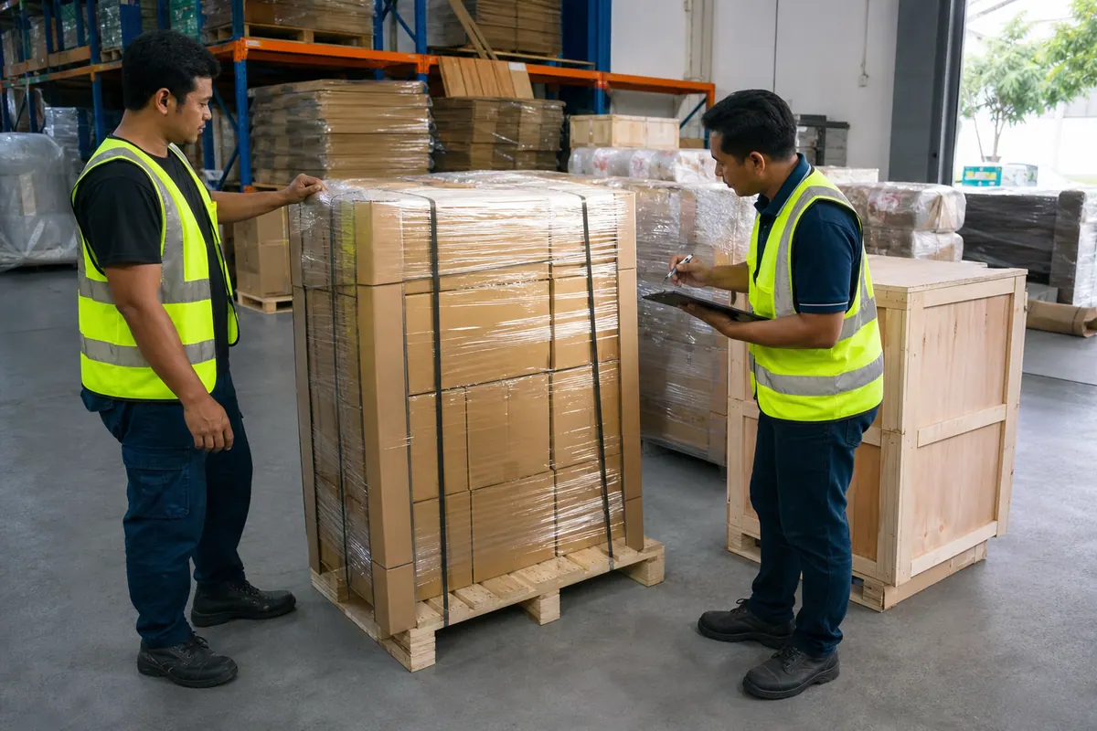 Pallet berbalut dan kotak disediakan dalam gudang kargo Malaysia